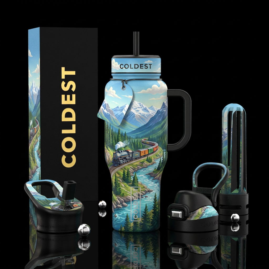 Train traveling through the mountains and trees water bottle design