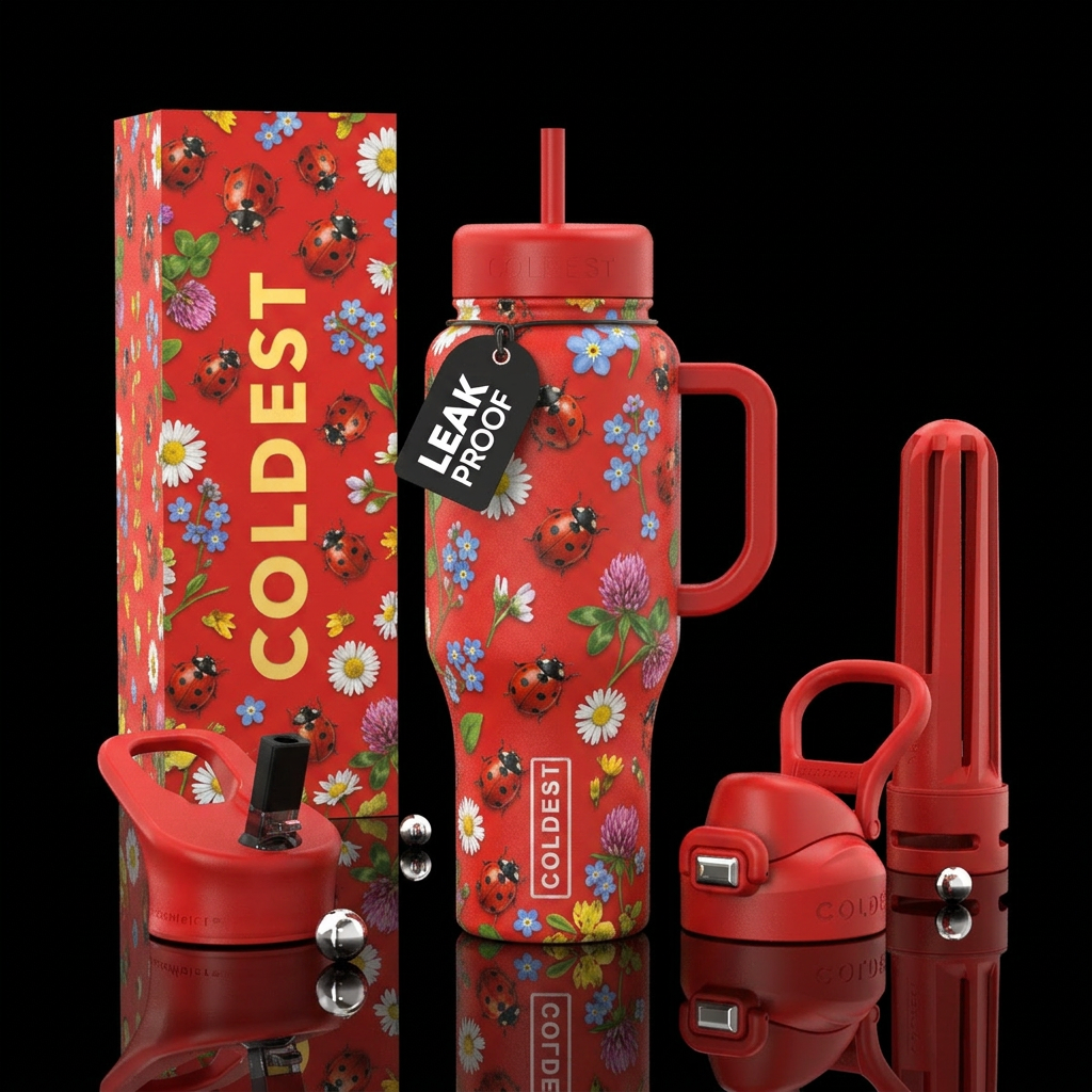 Ladybugs with flowers water bottle design