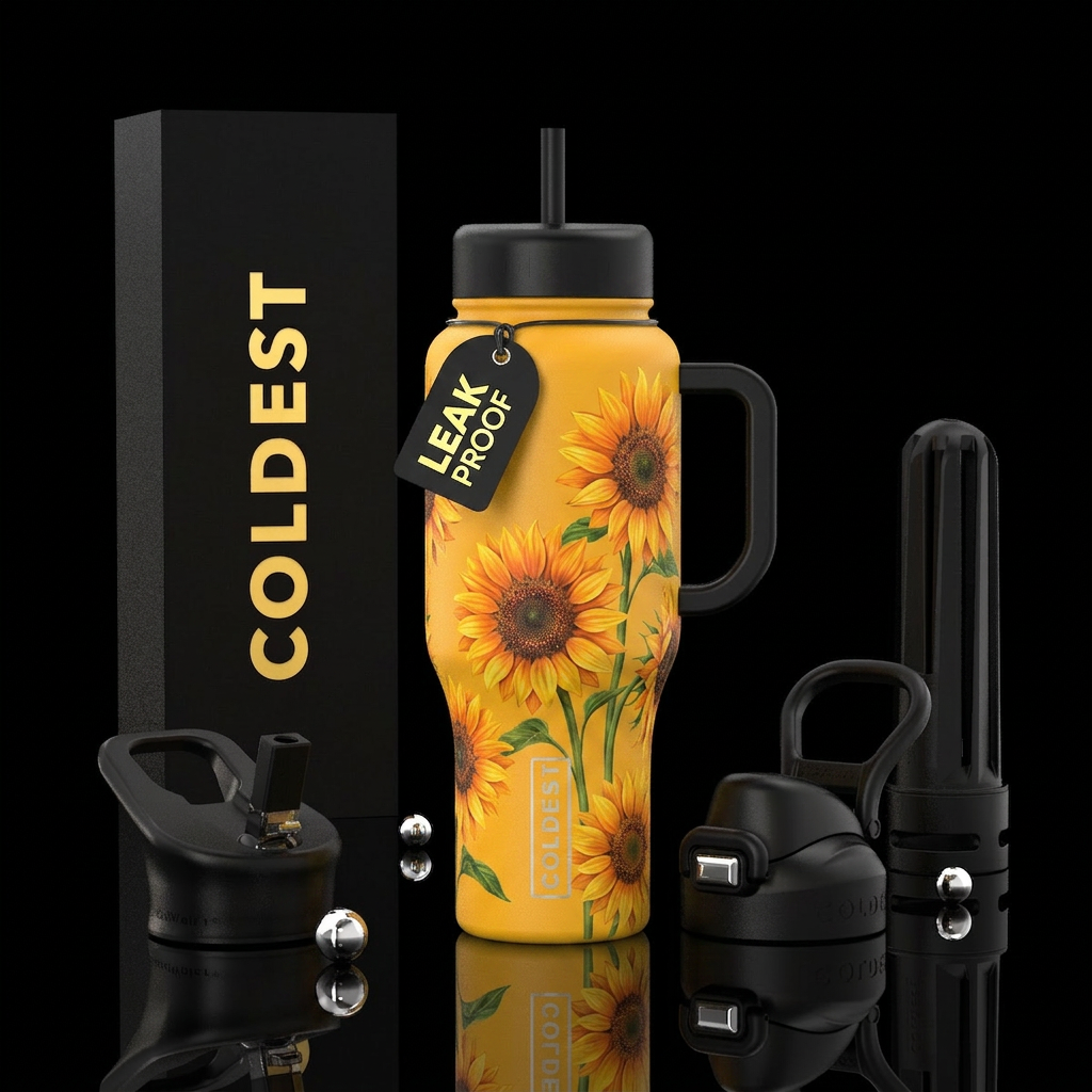 Sunflowers on a matte yellow bottle with black lid water bottle design