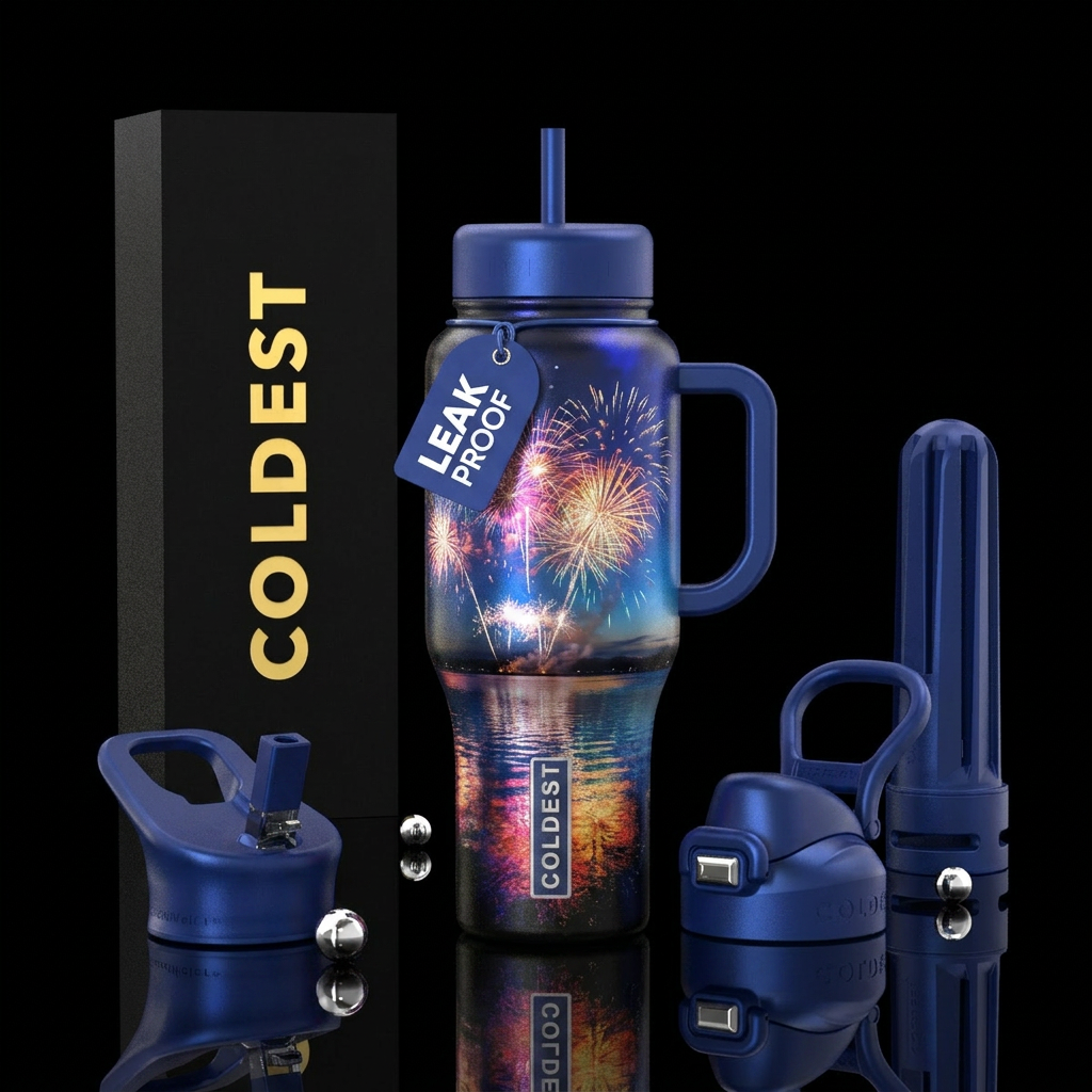 Fireworks in the night sky reflecting off a lake water bottle design