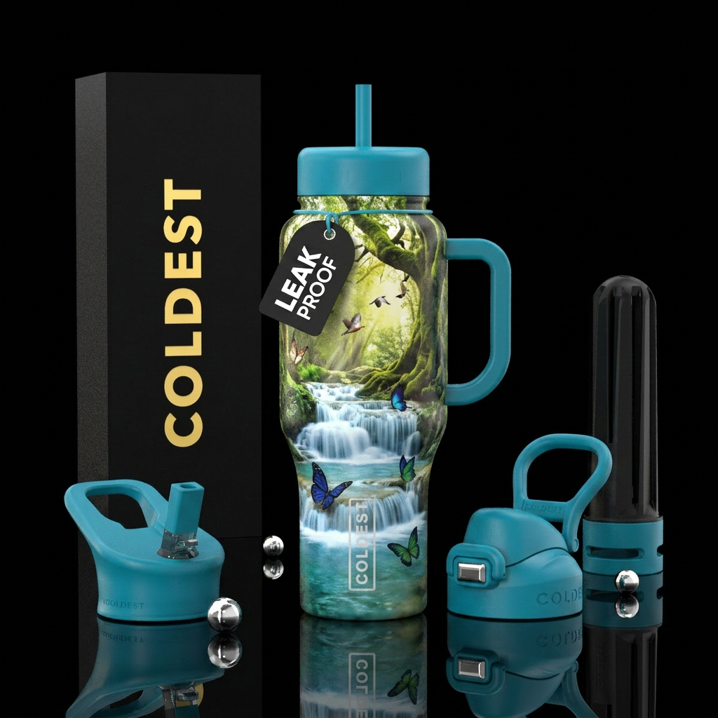 Waterfall in the woods, with birds, butterflies fl... water bottle design
