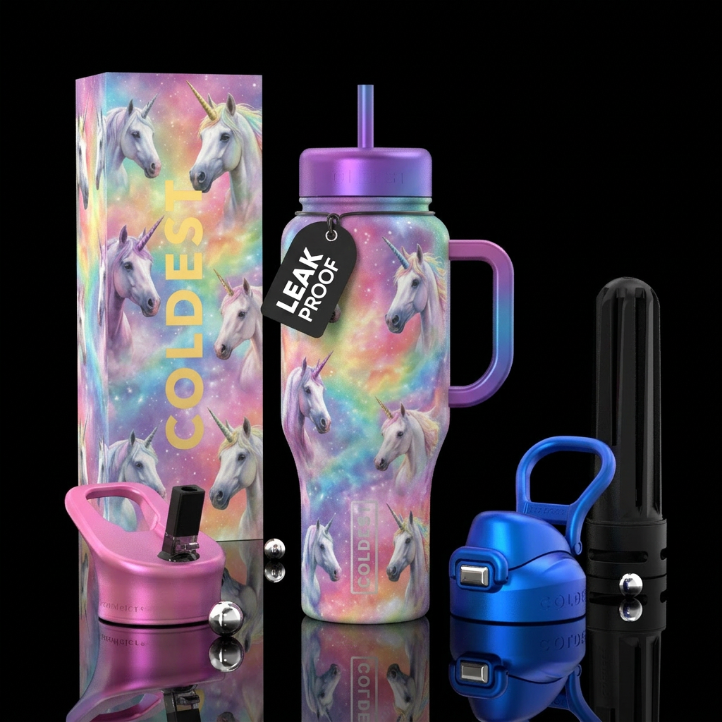 Rainbow colors in background with unicorns water bottle design