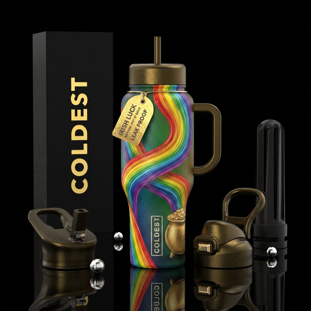 Rainbows leading to a pot of gold water bottle design