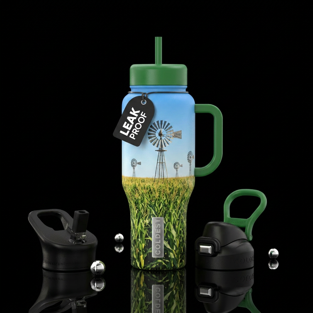 Mini windmills in a field of growing corn water bottle design