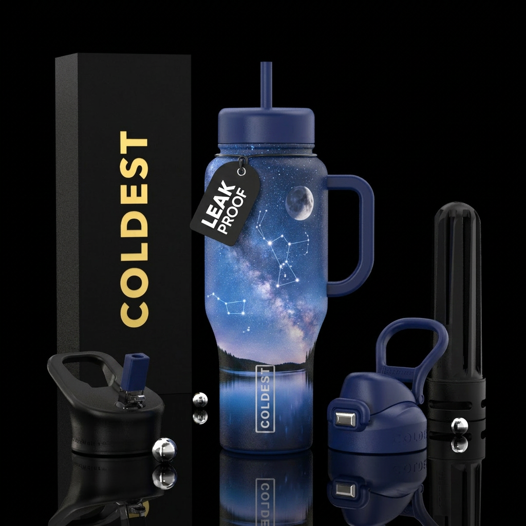 Stars, moon, constellations shining next to milky ... water bottle design