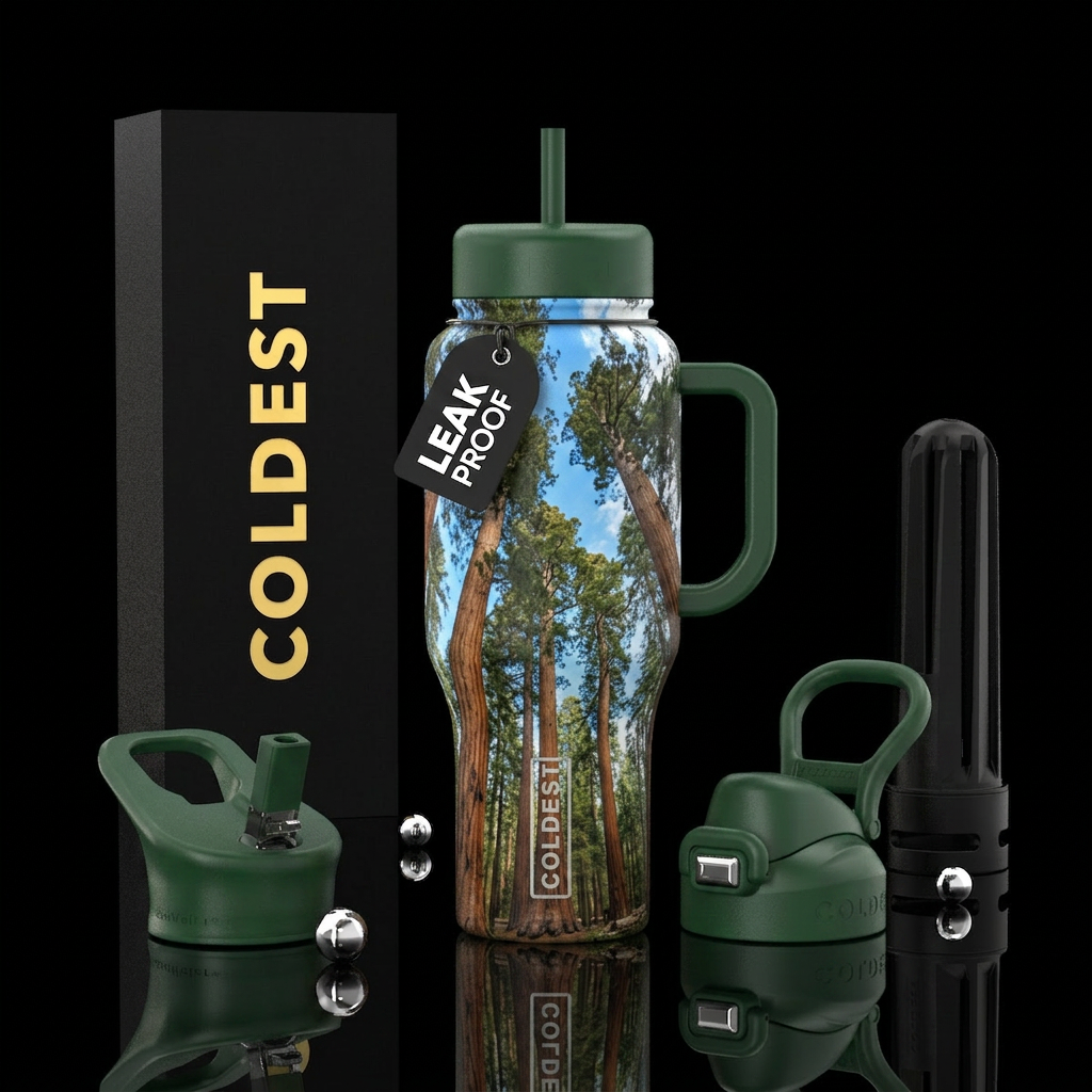 Blue sky looking through the Redwood forest trees water bottle design