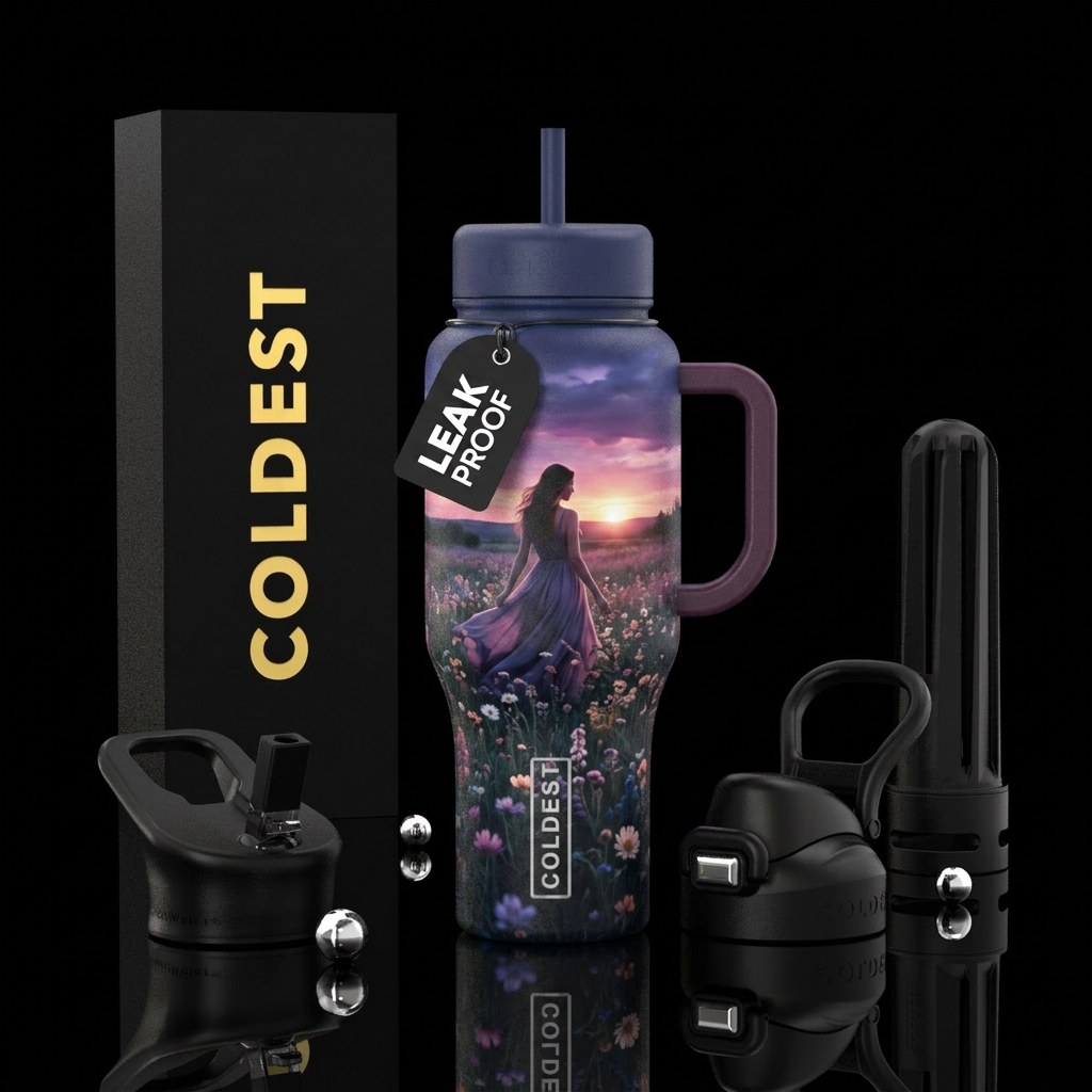Woman walking through a field of wildflowers at du... water bottle design