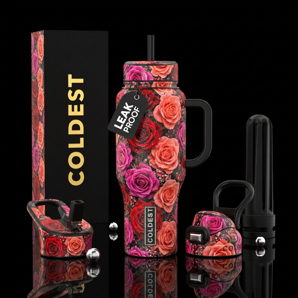 Roses all around the bottle, sparkly water bottle design