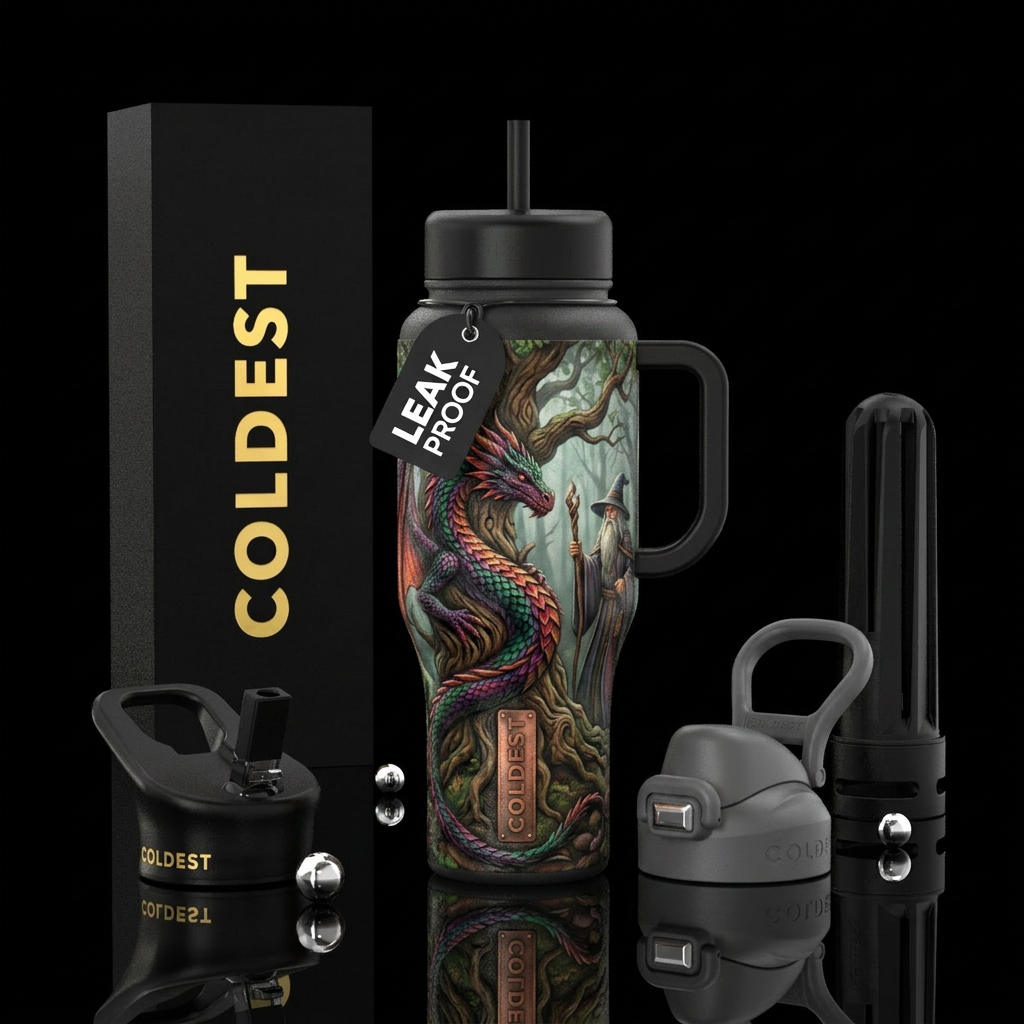 misty forest, rustic, dragon, wizard water bottle design