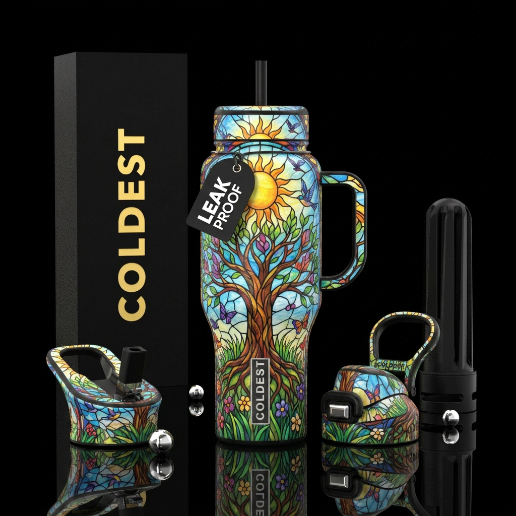 Stained glass tree of life, sun, birds, butterflie... water bottle design