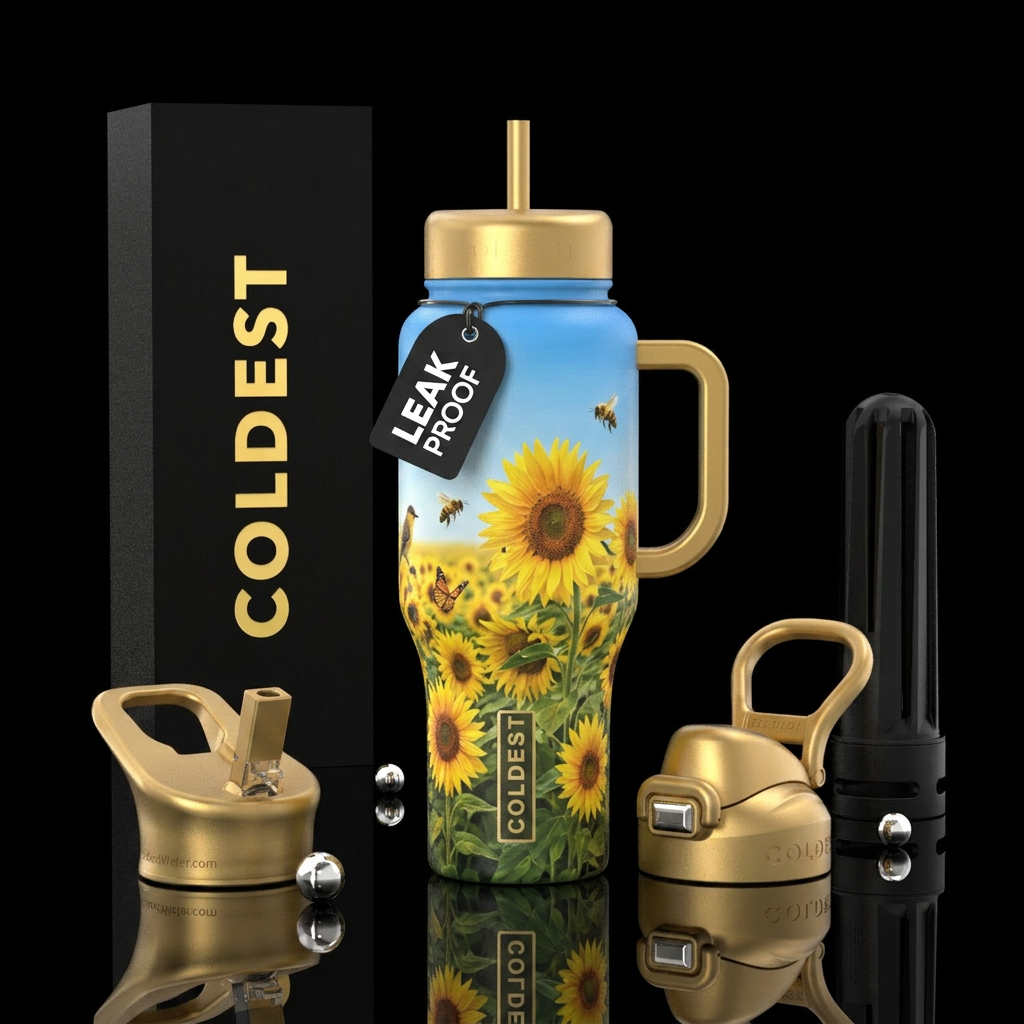 Field of sunflowers swaying in the wind on a sunny... water bottle design