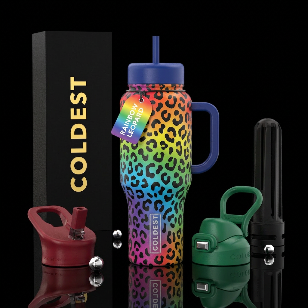 Rainbow leopard print water bottle design