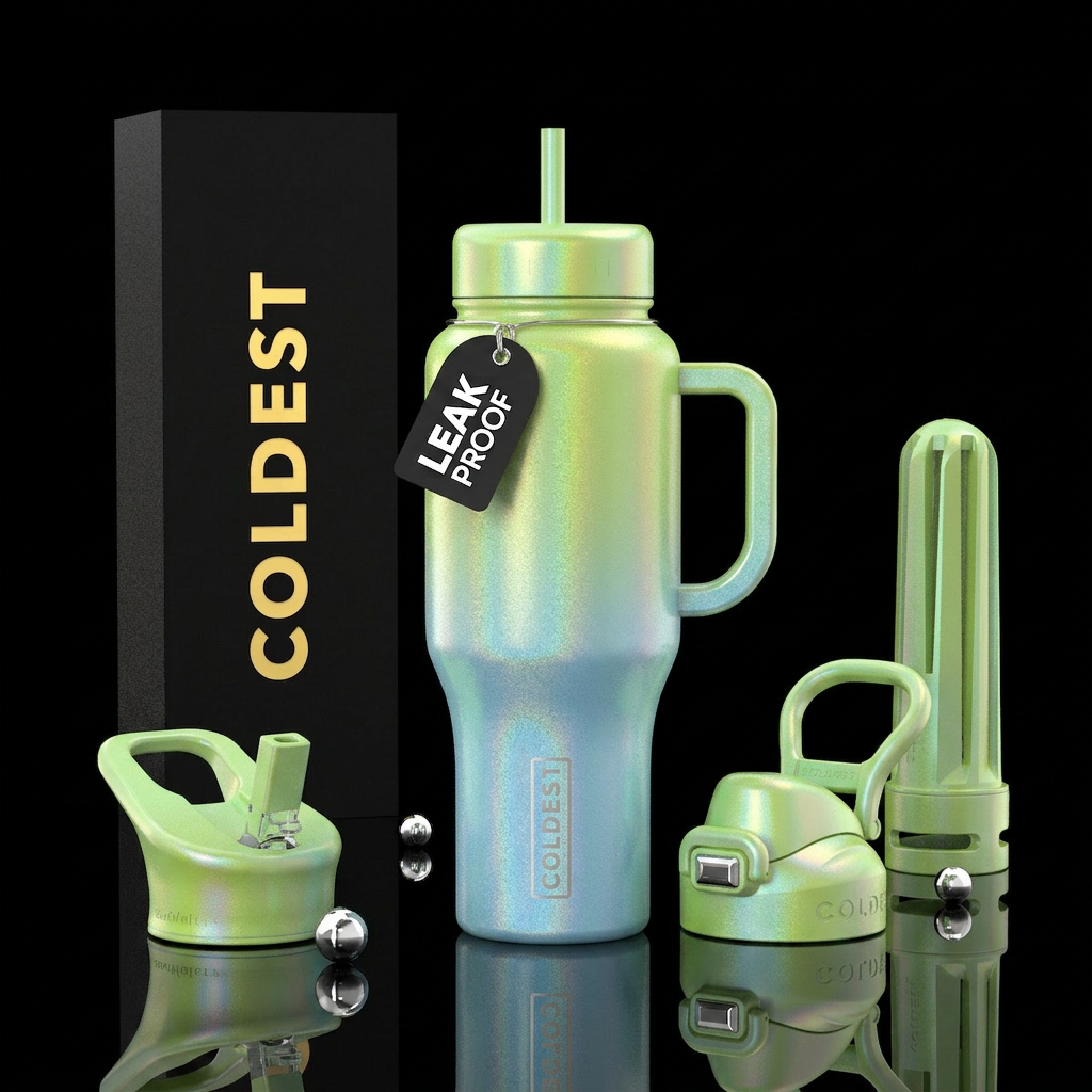 Lime green ombre with light blue, holographic, shi... water bottle design