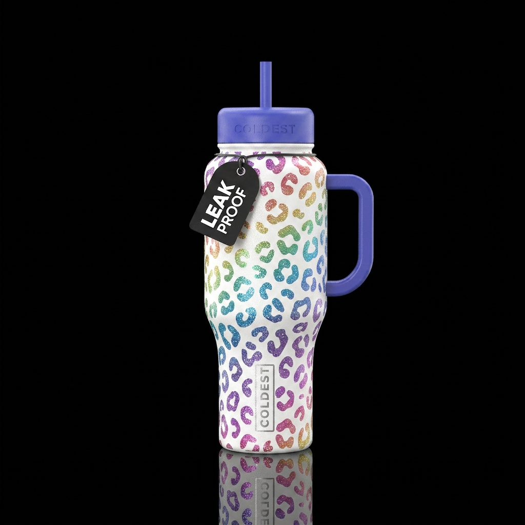 White matte background. Rainbow leopard print with... water bottle design