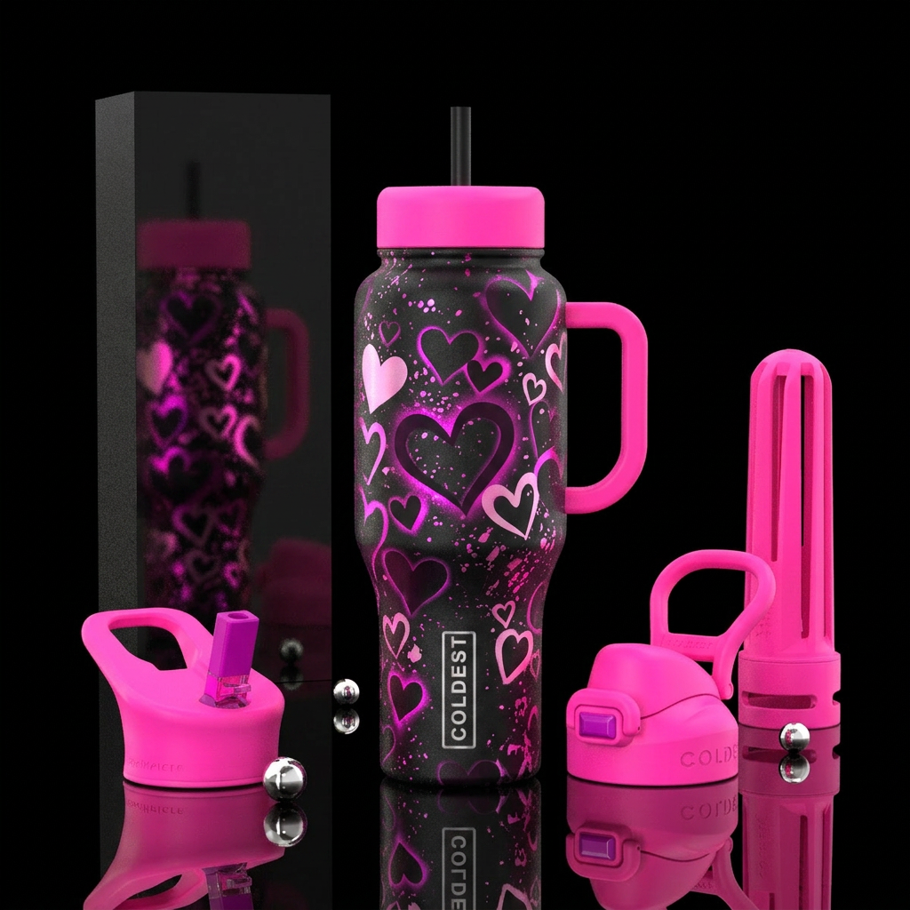 Black background, neon pink handle and lids, neon ... water bottle design