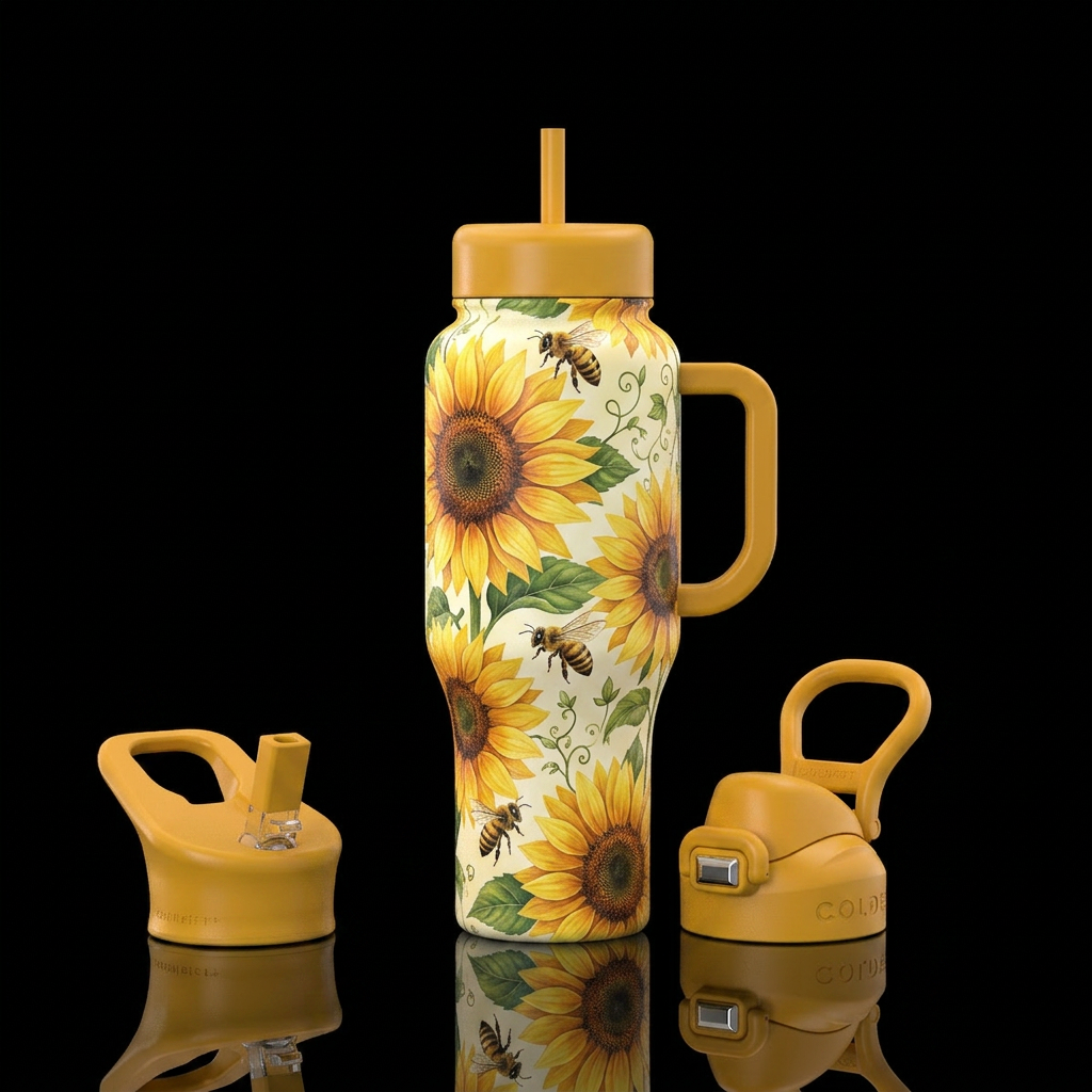 Sunflowers, honeybee,, whimsical water bottle design