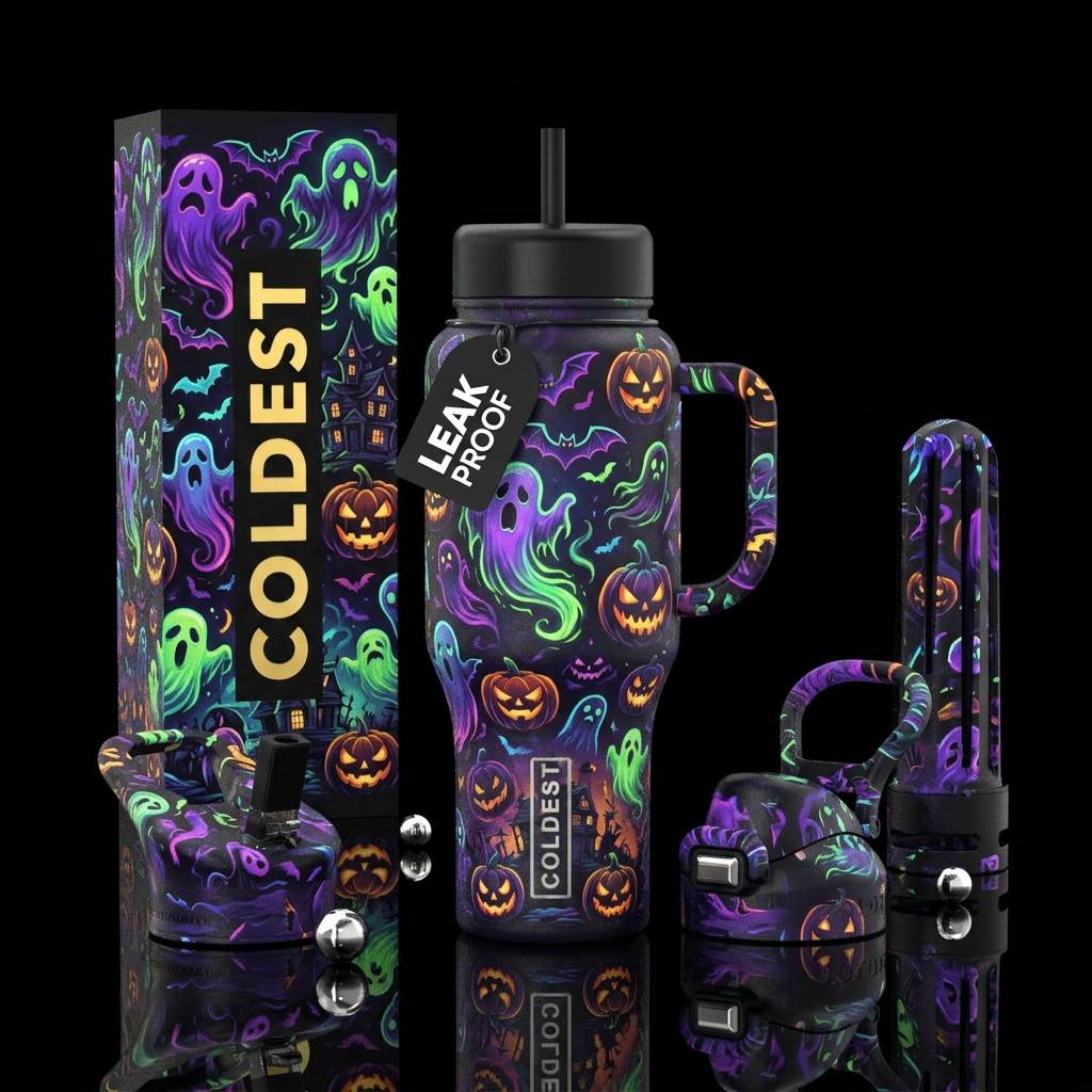 Ghost, bats ,spooky, jack o lantern, haunted water bottle design