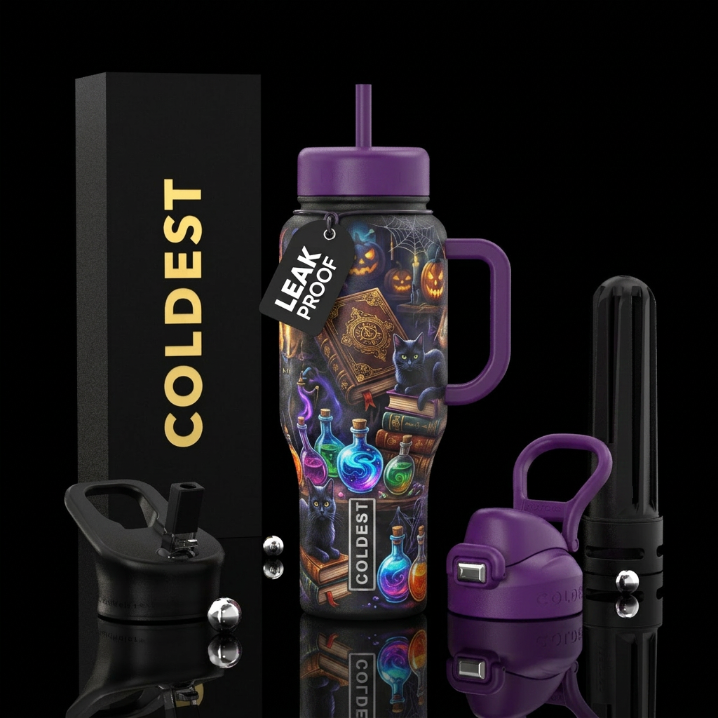 Spell books, black cats, vibrant colors, potions, ... water bottle design