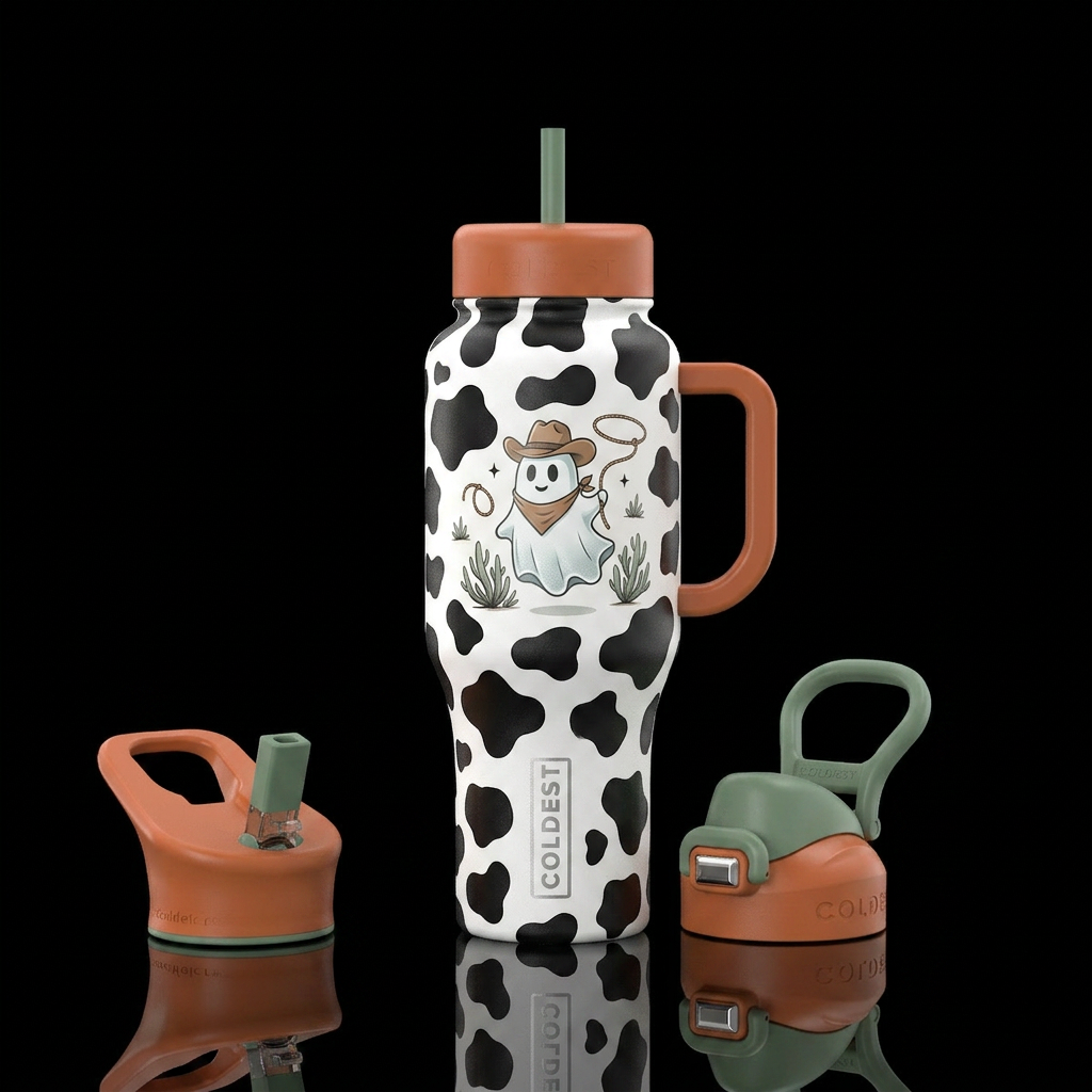 Cowboy ghost, cow print water bottle design