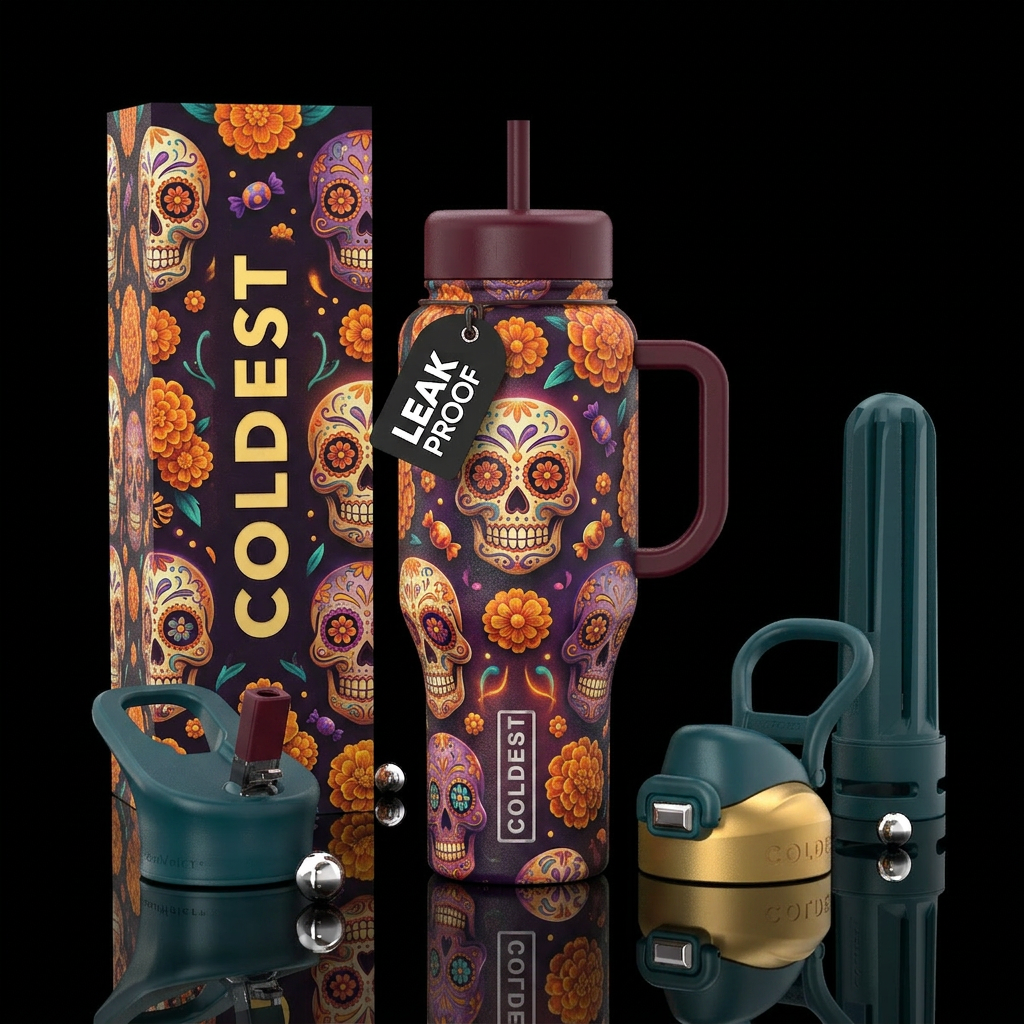 Sugaskulls, marigold, candy, glowie, halloween water bottle design