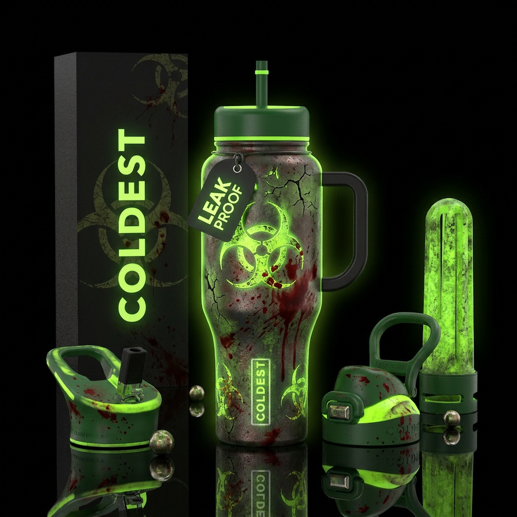 Zombie, glowie, radioactive,  blood spatter, hallo... water bottle design