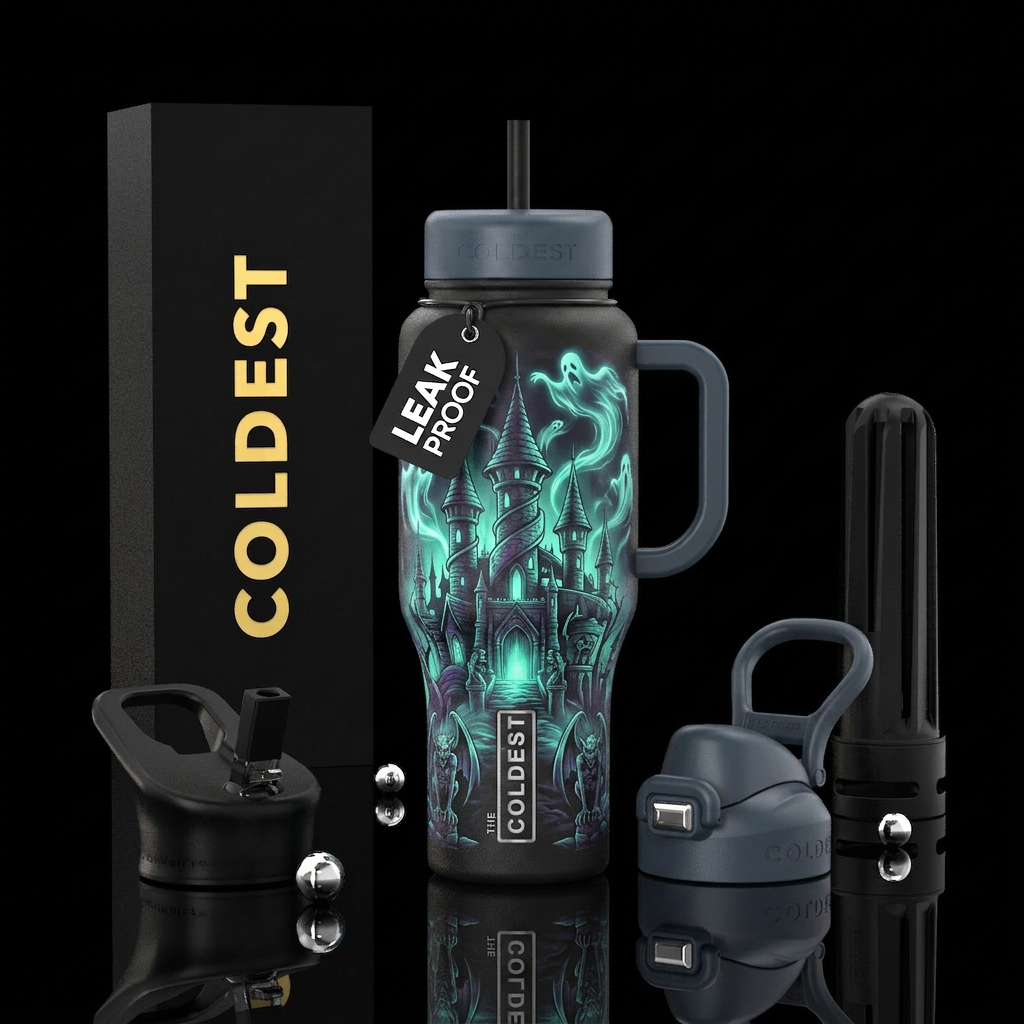 Haunted, castle, eerie, spooky, ghost water bottle design