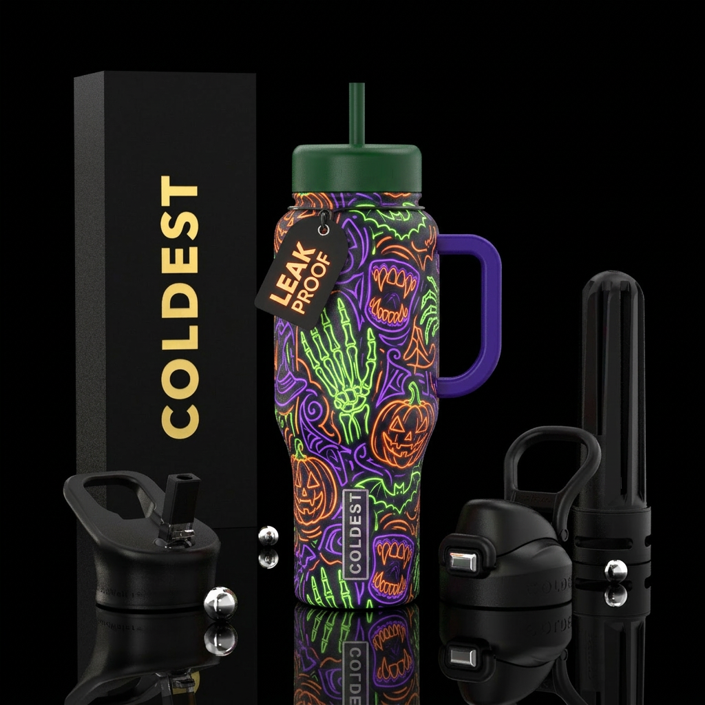 Sinister neon halloween water bottle design