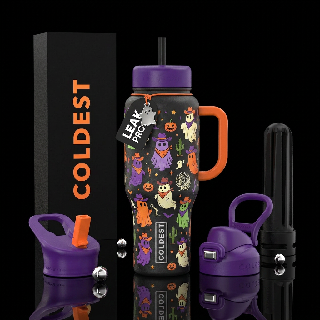 Haunted, spooky, halloween,  cowboy ghost water bottle design