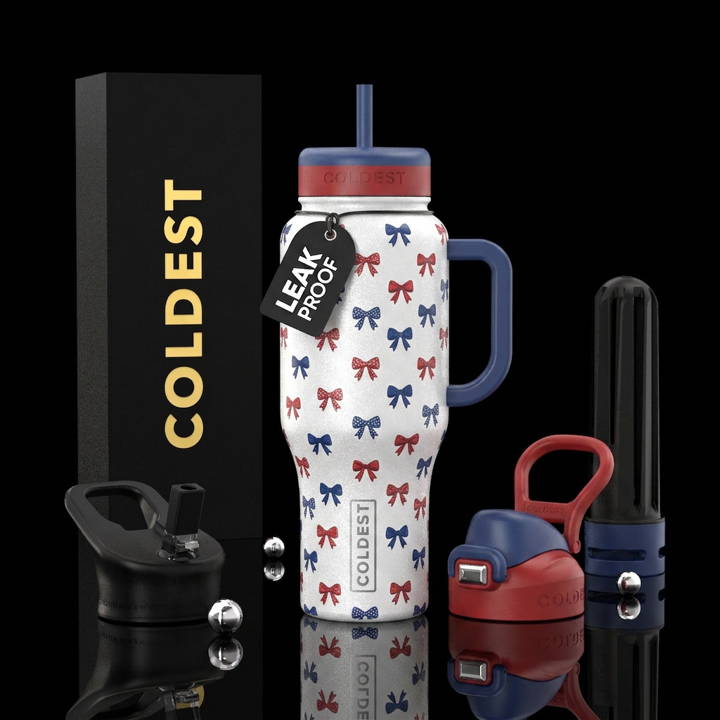 White shimmer, red and blue Americana bows ever water bottle design