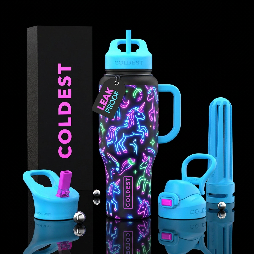 Neon unicorns, glowie water bottle design