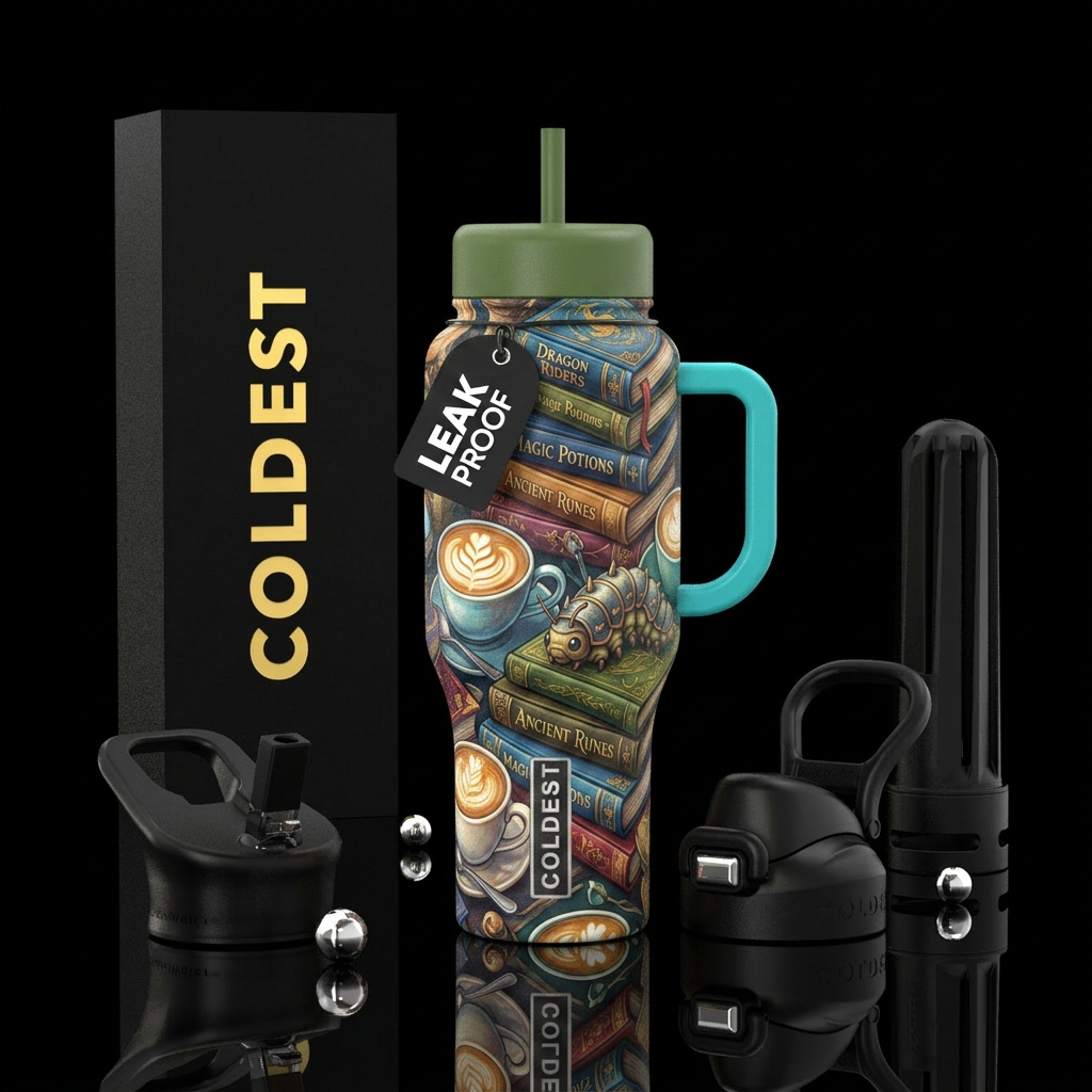 Books, lattes, fantasy, caterpillars water bottle design