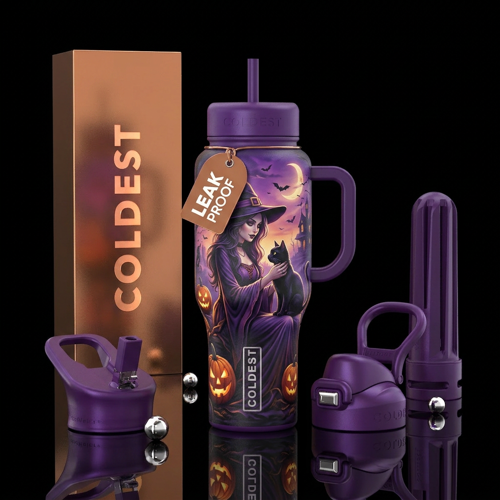 Beautiful witch, petting a black cat, halloween water bottle design