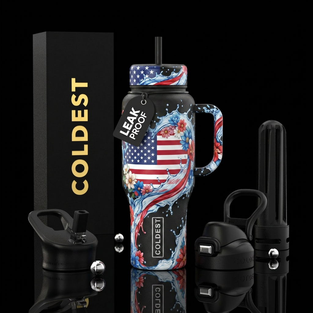 Watersplash american flag with flowers water bottle design