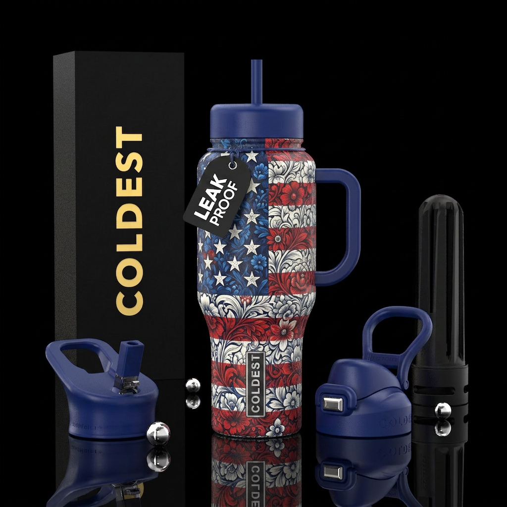 american flag with flowers water bottle design