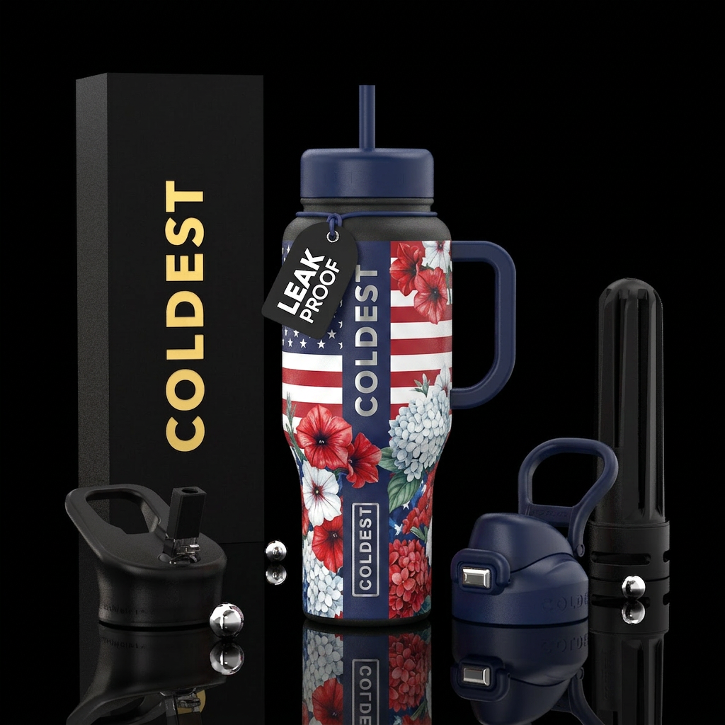 american flag, flowers water bottle design