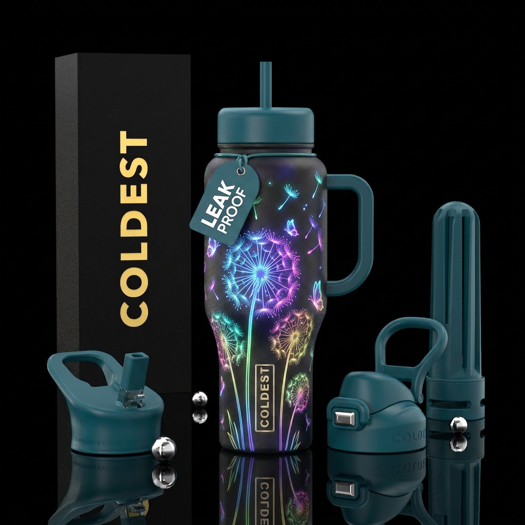 Dandelions, neon, whimsical water bottle design