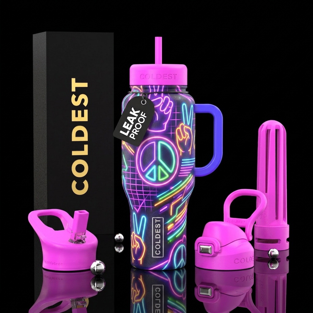 Neon colors, peace signs, peace hands, 80's vibe water bottle design
