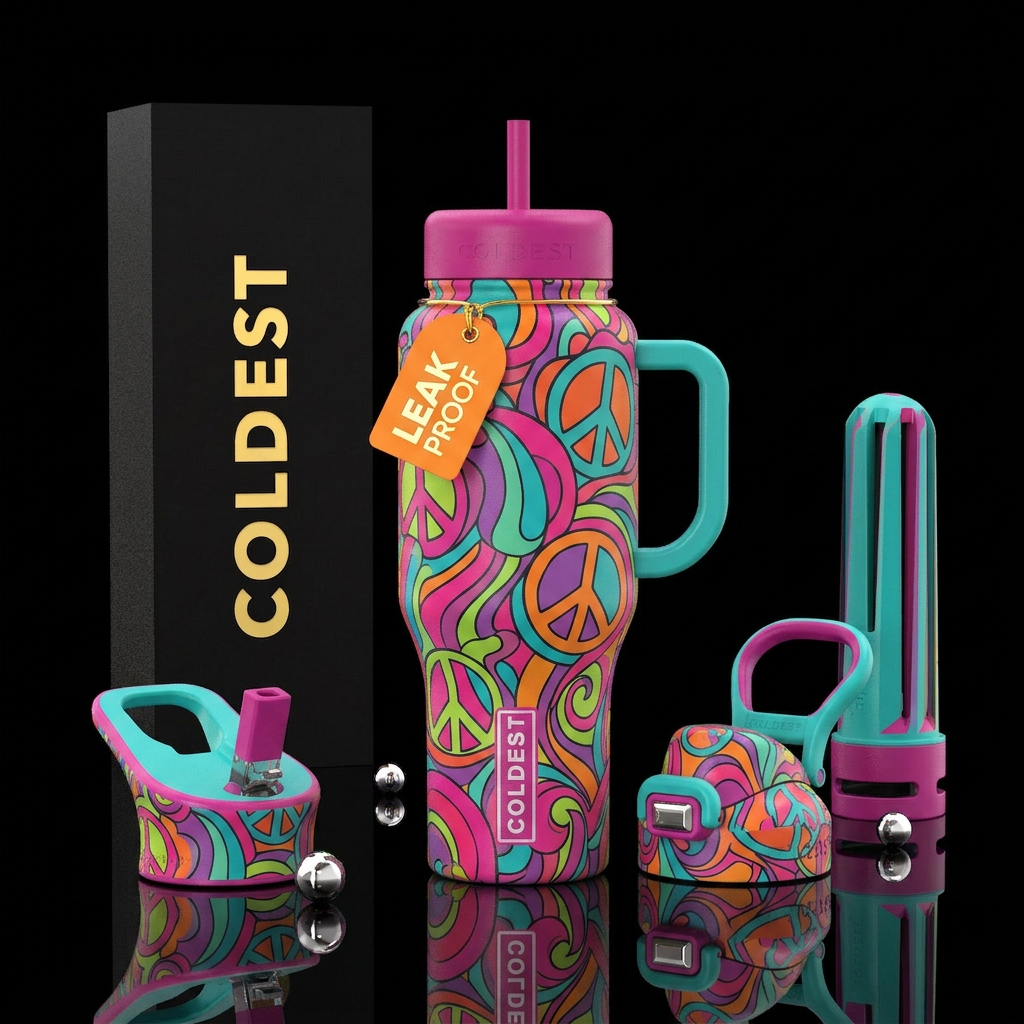 Peace signs, groovy, bright colors water bottle design