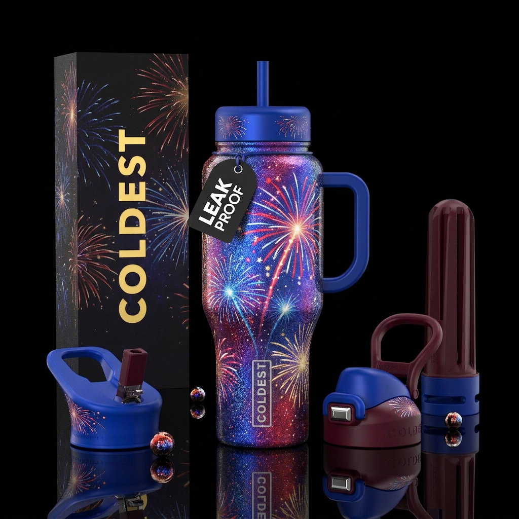 Fireworks, 4th of july, shimmer water bottle design