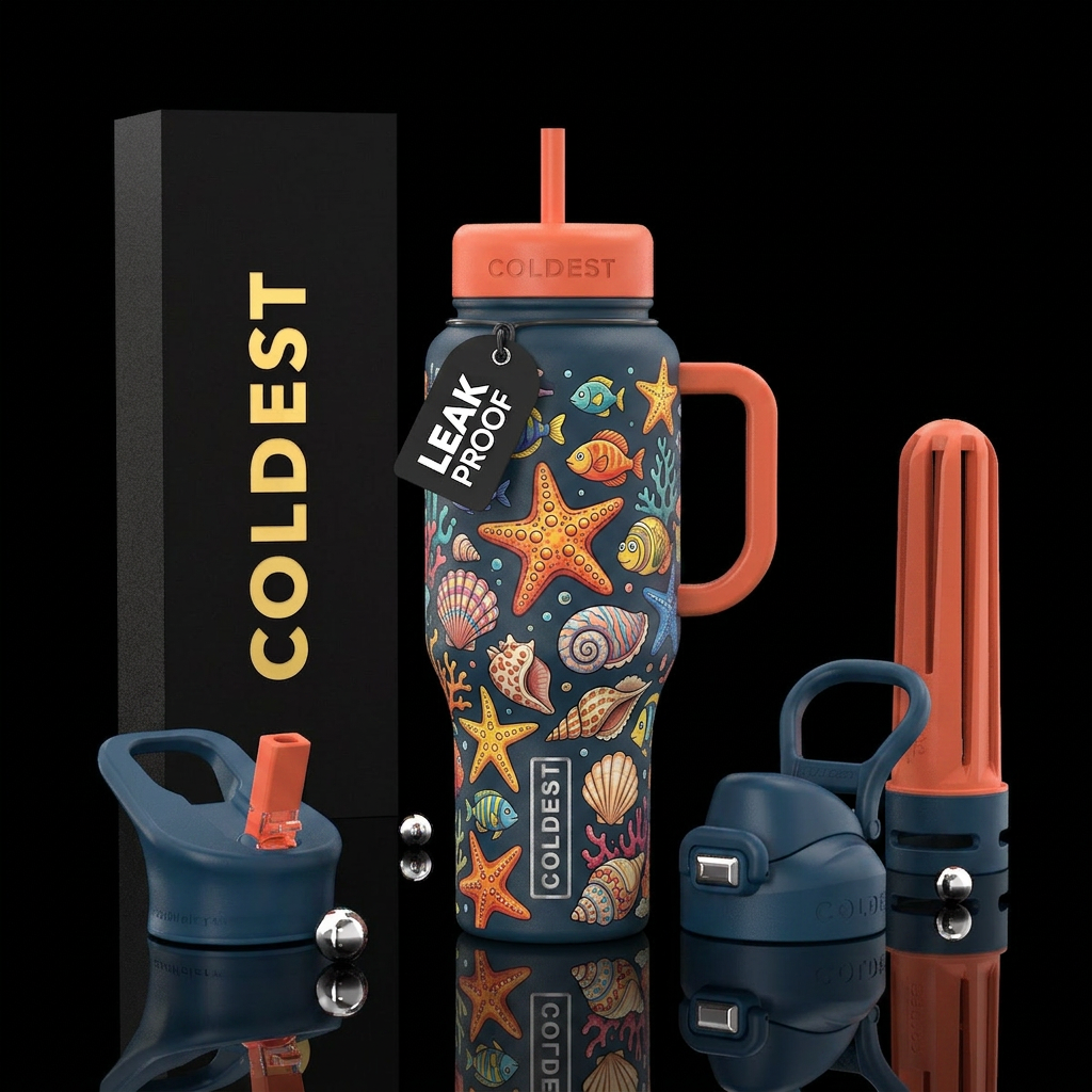 Starfish, seashells, cartoon water bottle design