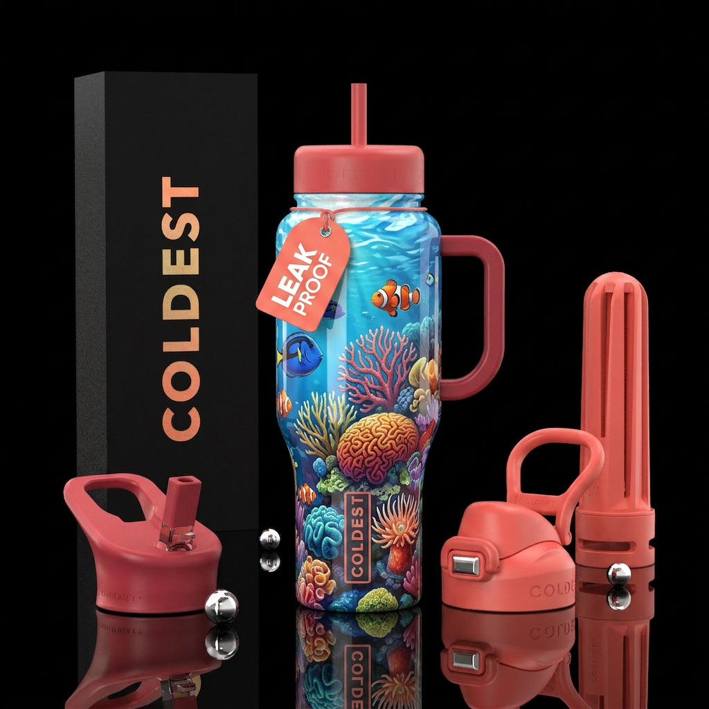 Colorful, coral, ocean water bottle design