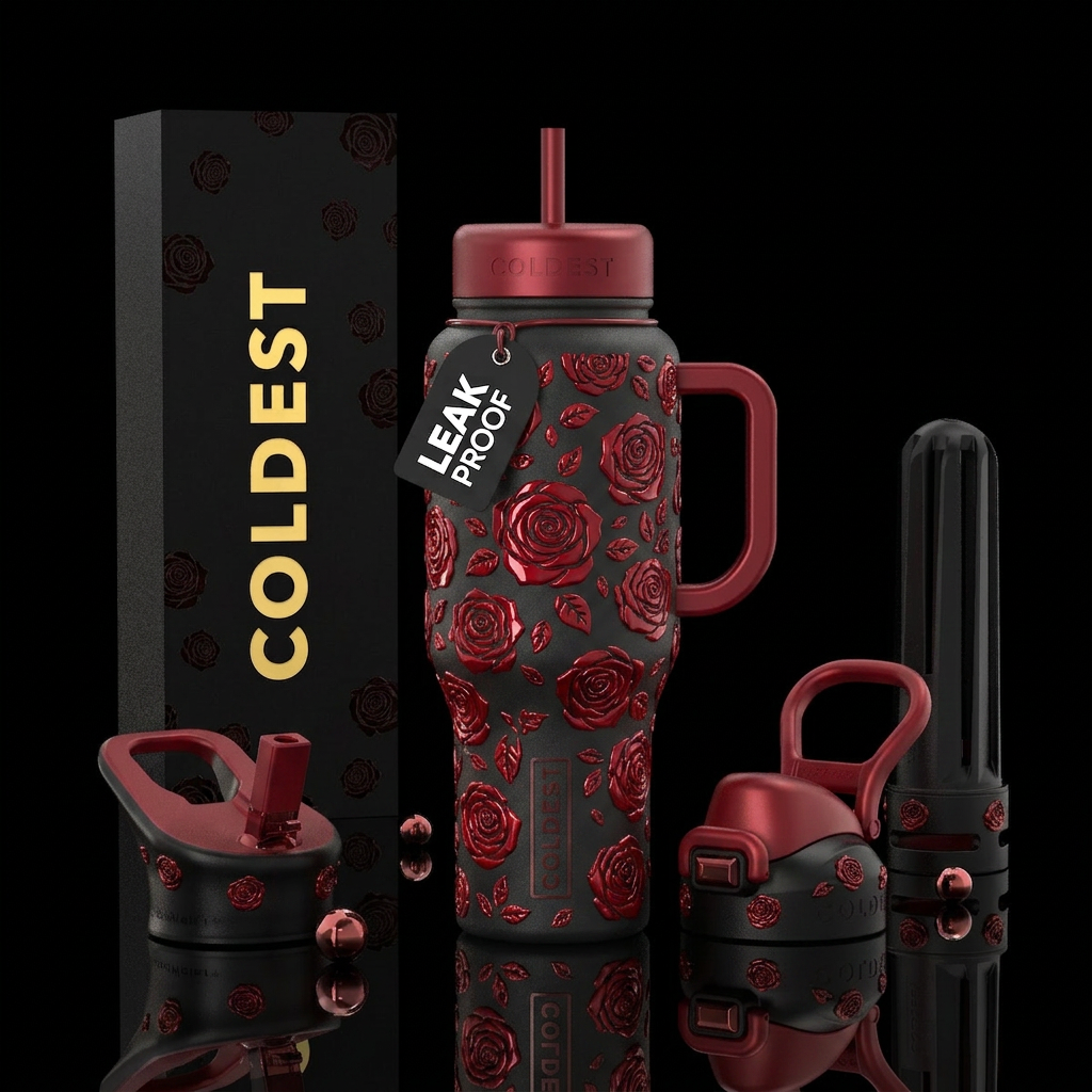 Black matte cup, red glossy roses everywhere water bottle design