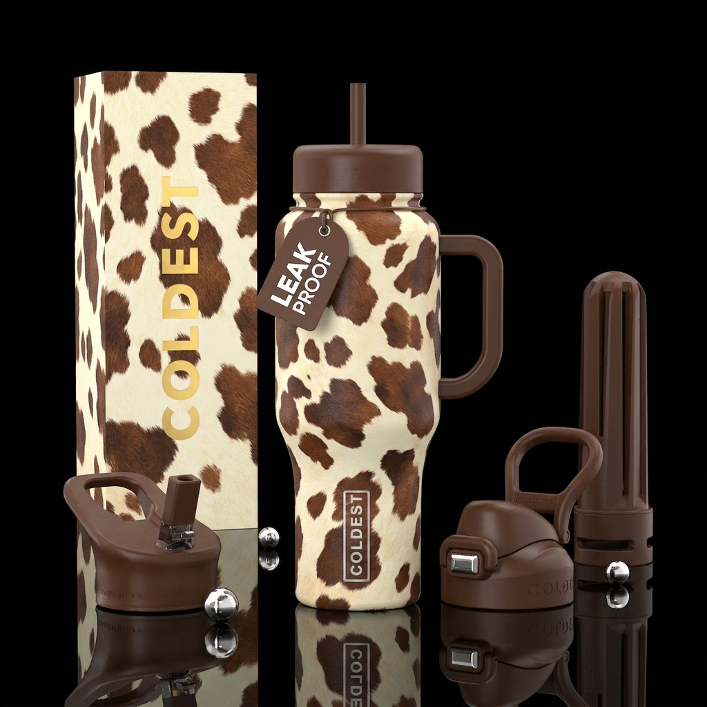 Cow print, brown and cream water bottle design