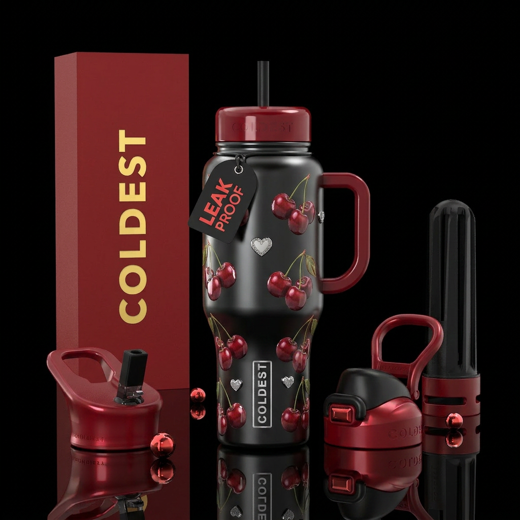 Black with shiny cherries, valentine day water bottle design