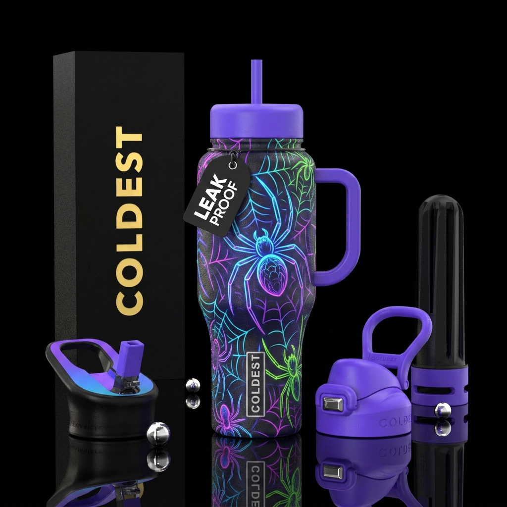 Neon spiders water bottle design
