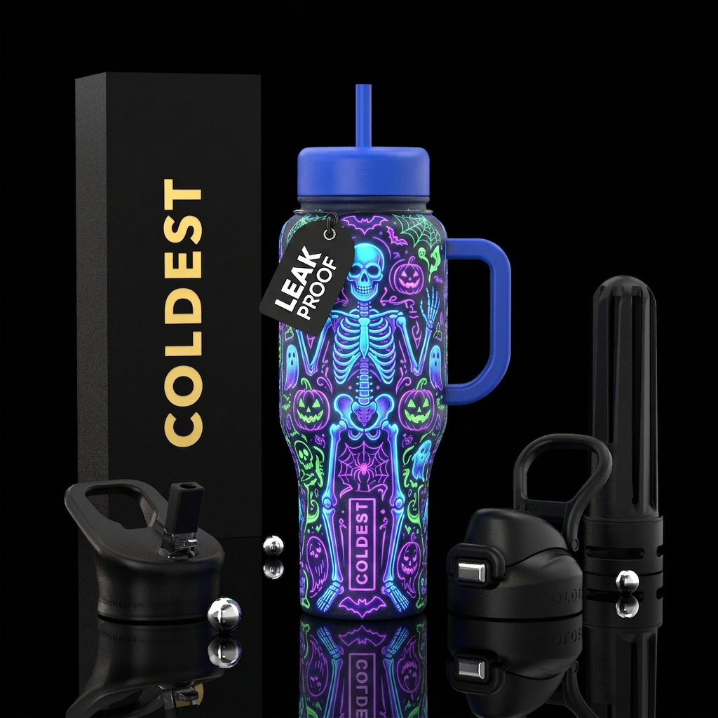 Neon skeleton, halloween water bottle design