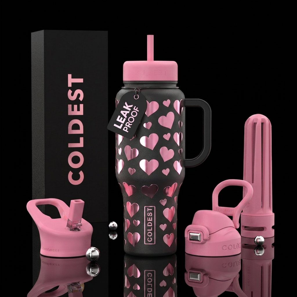 Black bottle, pink chrome hearts all over, valenti... water bottle design