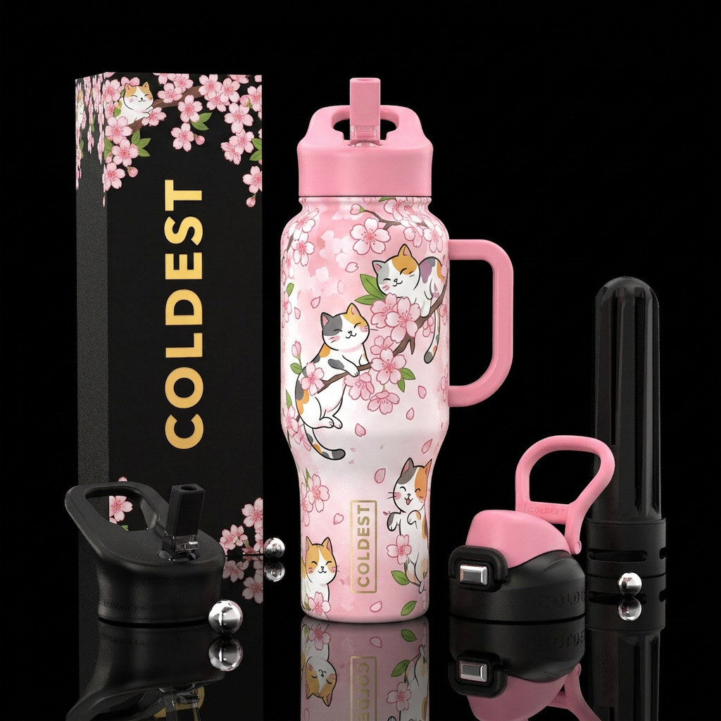 Neko neko, cherry blossom water bottle design