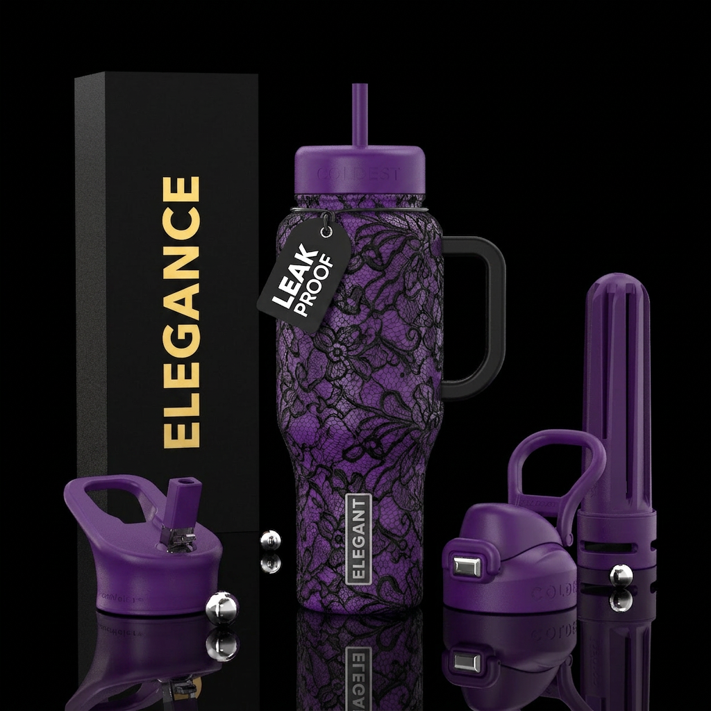 Purple bottle, black lace water bottle design