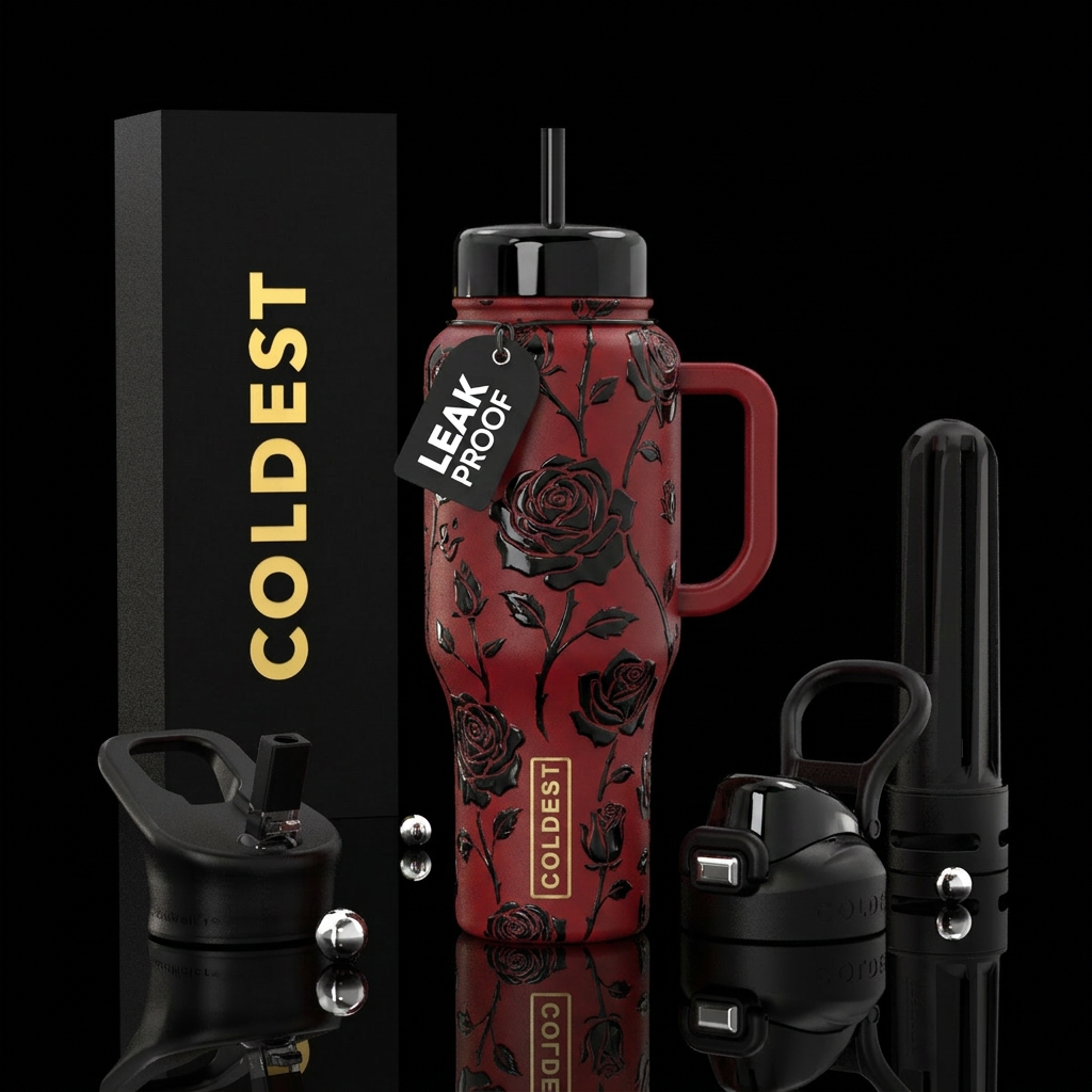 Red bottle, black glossy roses water bottle design
